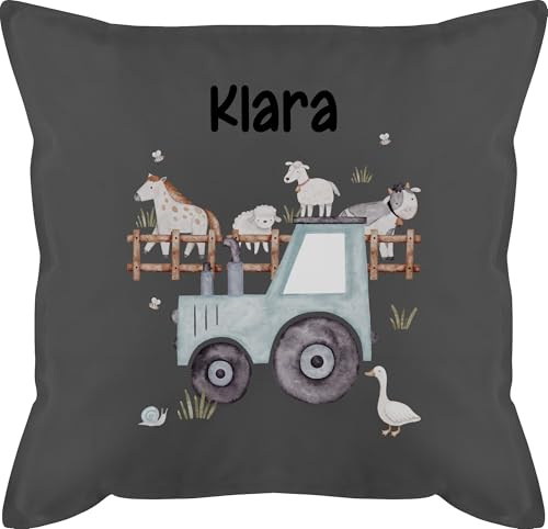 Kissen 50x50 - Bauernhof Traktor Tiere mit Namen Landwirtschaftlicher Tiermotiv Bauernhoftieren - 50 x 50 cm - Grau - traktorkissen trecker Kuh Polster Tractor Cushions Bulldog kühe personalisierte
