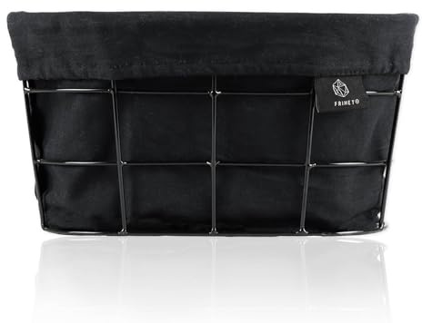 FRIHET 2-in-1 Brotkorb & Obstschale - Metall - waschbare Einlage aus 100% Baumwolle - oval - schwarz - Aufbewahrungskorb - 27 cm x 14 cm x 16 cm (LxHxB) (schwarz, Rechteck)
