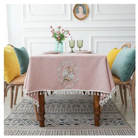 BCughia Tischdecke 100x160CM Rosa, Tischdecken Wasserabweisend Rechteckig Polyester Stickerei Blume mit Quasten Tischtuch für Indoor, Outdoor, Essen, Küche