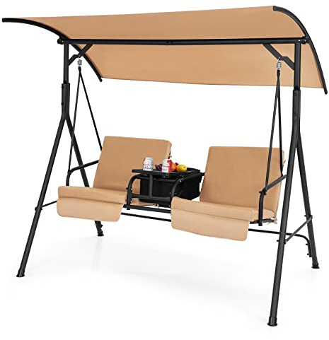 COSTWAY Dondolo da Giardino 2 Posti con Tetto Parasole Regolabile, Struttura in Acciaio, Con Borsa Termica, Vassoio Girevole e Cuscini Rimovibili, Portata 240 kg, 181 x 124 x 161,5 cm (Marrone)