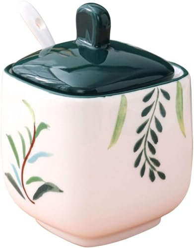 FQCXCKJ Azucarero de estilo europeo con cuchara de cerámica, azucarero con patrón de flores rosas y hojas verdes, tarros de especias de porcelana
