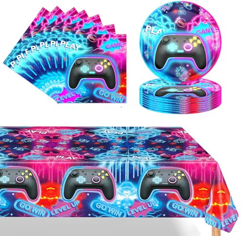 POPOYU 37 Piece Vaisselle Jeu en Papier,16 x Assiettes en Papier,20 x Serviettes,Nappe,Ensemble de Vaisselle pour Fournitures de Fête Sur Le Thème Des Jeux Vidéo pour Garçons