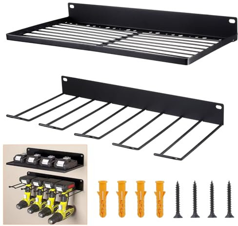 KEESIN Power Tool Organiser | Double Power Tool Organizer | 5 Slots and 2 Shelves | Wall-mounted storage rack for Garage and Workshop (Black)