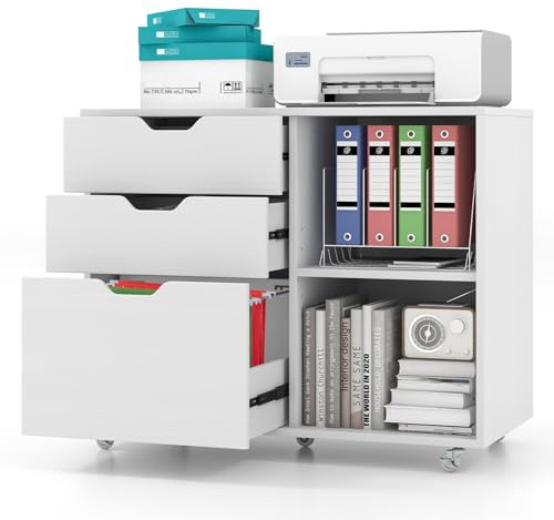 COSTWAY Rullbehållare med 3 lådor, arkivskåp med hjul och öppna fack, skrivarstativ, kontorsskåp för dokument i DIN A4, brevformat, lagligt format (vit)