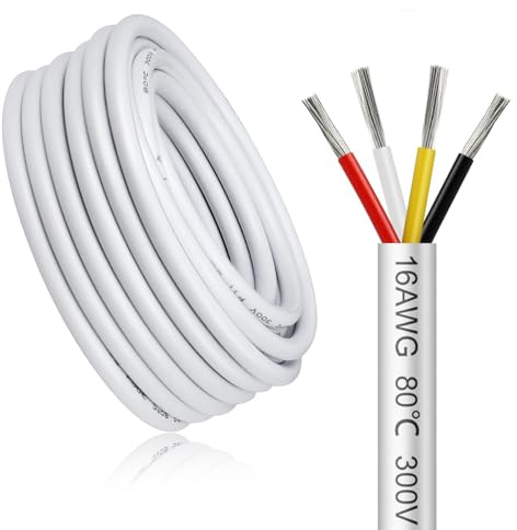 Câble électrique 20 mètres 16 AWG 4x1,5mm² à 4 conducteurs, blanc fil de cuivre étamé flexible, impédance faible, compatible alimentation LED 5V / 12V / 24V, résistance aux hautes températures
