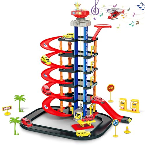 COVTOY Parking Garage Toy Playset - Race Car Track with Sounds and Lights, Includes Cars and Helicopter - Boys' Birthday Gifts, Ages 3-5