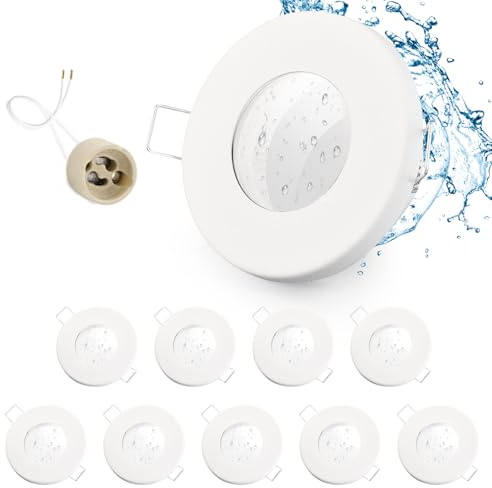 GeyouLux 10x Einbaustrahler GU10 Einbaurahmen IP65 Weiß Lochmaß 65-75mm | Schwenkbar, Eisen, Ø85mm Deckenspots, matt Weiß, mit 230V GU10 Fassung, bis 50W, für Bad Küche, Rund Flach, ohne Leuchtmittel