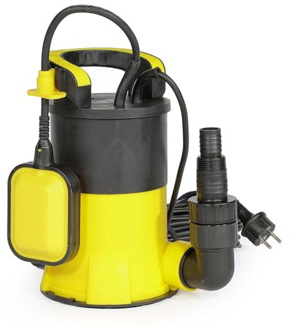 Wiltec Tauchpumpe mit Schwimmer 400 W, flachabsaugende Pumpe bis 1 mm, Tiefbrunnenpumpe 5 m Förderhöhe und 7 m Tiefe, Flachsaugerpumpe für Klarwasser