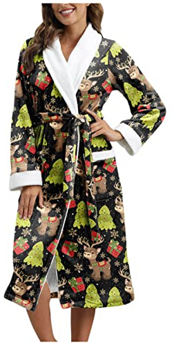 Albornoz de Navidad para mujer, bata de baño de invierno para mujer, bata de baño de forro polar, ligera, ropa de dormir, bata de baño suave para sauna, bata de dormir térmica de invierno con