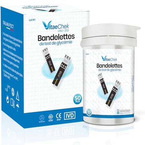 VitaeChek Strisce Reattive Glicemia, 50 Pezzi - Compatibili con Misuratori, Risultati in 5s, Campione 0,6 µL, Alta Precisione - Formato Conveniente per Controllo Glicemico Quotidiano