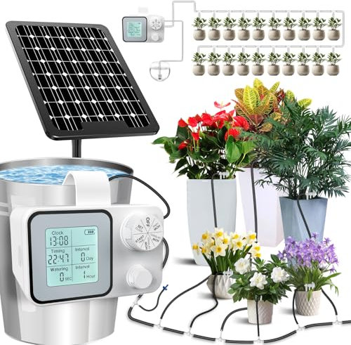Dufuso Kit di Irrigazione Automatica Solar per Giardino, 2025 Nuovo Impianto Irrigazione Giardino con Timer + Tubo Flessibile da 20M può Innaffiare Fino a 20 Piante Per Giardino, Balcone, Piante