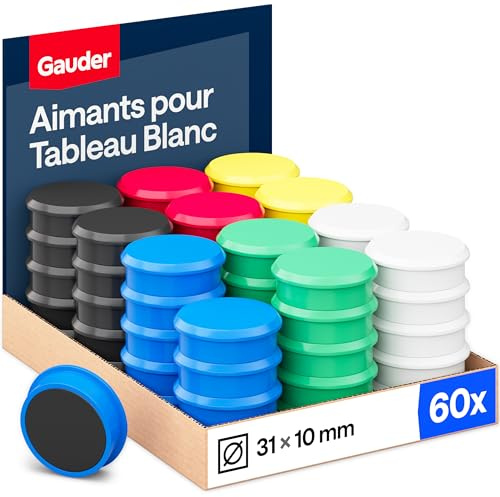GAUDER Magnete für Magnettafel & Kühlschrank (31x10mm - 60 STK - bunt) | Starke, große Tafelmagnete aus Ferrit, Whiteboard- und Kühlschrankmagnete, runder Magnet mit Halt, für Büro, Schule, Haushalt