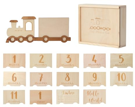 Tarjetas de hitos de madera para bebé, 14 hitos premium, tablas de madera, forma de tren, regalo para nacimiento y baby shower para embarazadas, futuras madres