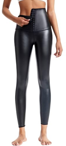 Ausing Pantalones de cuero para mujer, cintura alta, piel sintética, leggings ajustados, leggings de piel, push up, ropa de noche, club, Halloween, discoteca, negro, XS-3XL, Negro Con Botones, L