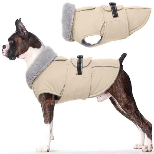 Lelepet Hundemantel Winterweste Reflektierende Fleece Hundejacke für Große Hunde Wasserdicht Hundejacke Wintermantel Warme Winterjacke mit Verstellbarer Schnalle (Beige, XL)