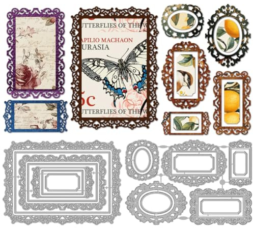 MAYJOYDIY Marco de fotos de metal troquelado vintage borde de etiquetas troquelado plantillas fondos de marco repujado scrapbooking cortes plantilla para DIY scrapbooking tarjeta hacer álbum regalo