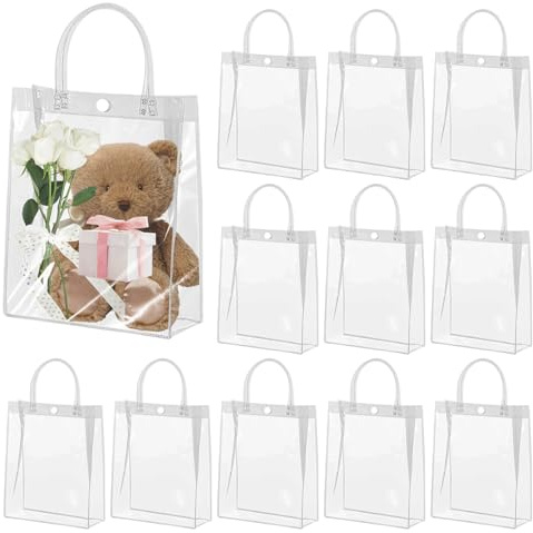 12 Stück Klare Geschenktüten mit Griffen, 25 x 20 x 7 cm PVC Geschenktüte Transparent Wasserdicht, Wiederverwendbare Geschenktüten Durchsichtig für Partygeschenke, Hochzeit, Geburtstag, Einkaufen