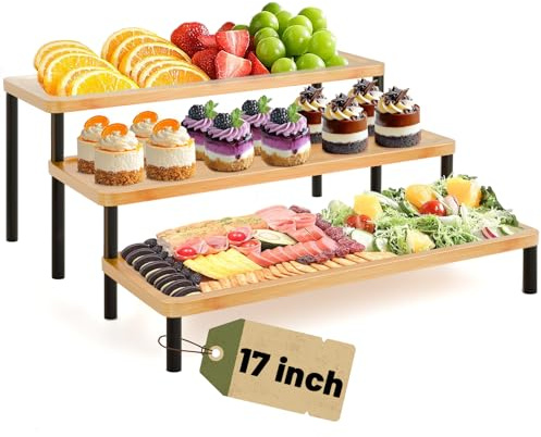 Bamboo Display Stand, 3 Tier Serving Tray Set, 17 Cupcake Stand/Serving Platters, Tiered Display Stand fit for Cupcakes, Desserts, Perfume, Spice, Tabletop Jewelry Display (Natural Wood Color)