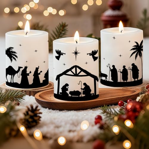 BETESSIN Rub on Sticker Weihnachten - 3 Bögen Kerzen Tattoos mit Weihnachtskrippe Design - Wasserschiebefolie Kerzentattoos Weihnachten Krippe - Weihnachtsdeko zum Basteln