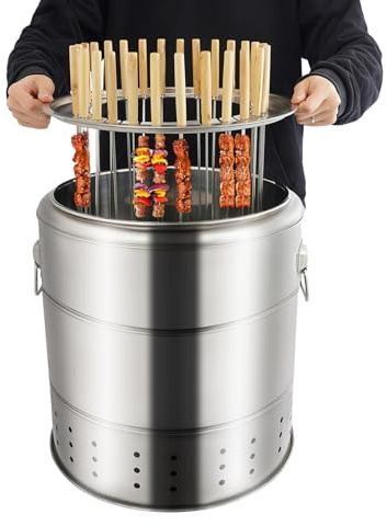 Tragbarer rauchfreier 2 in 1 Holzkohlegrill aus Edelstahl mit großem Fassungsvermögen Grillfass for Picknicks Camping Reisen Partys(Silver-1)