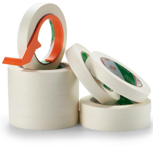 QITIUNLXY Masking Tape for Painting, Painters Tape with Cutter, 18mm, 10 Rolls | Built-in masking tape cutter for clean tearing. White crepe tape for painting, labeling, crafts, DIY and clean paint lines.