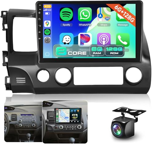 8 Core 6G+128G Android Car Stereo for Honda Civic 2006-2011 with 5G WiFi DSP Carplay Android Auto, Sellrich 10 inch 1280P Touch Screen Radio with Bluetooth 5.0 FM/RDS GPS SWC Backup Camera