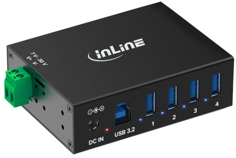 Inline USB 3.2 Gen.1 Industrie-Hub mit 4 Ports, Aluminiumgehäuse, DIN-Schienen-Montage, aktiver USB-Hub mit Netzteil, 5Gb/s, 35396A