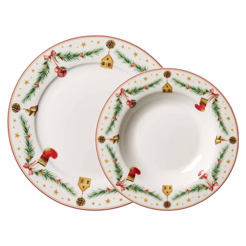 Ritzenhoff & Breker Holly Tafelservice 12-teilig für 6 Personen – Weihnachtsgeschirr aus Porzellan im Retro-Design – spülmaschinenfest & mikrowellengeeignet – Weiß/Rot/Grün