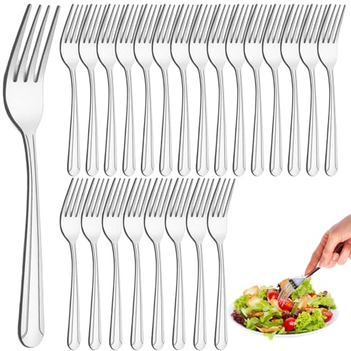 Lot de 24 fourchettes en acier inoxydable poli brillant de 20, 3 cm avec long manche qualité alimentaire, fourchettes à dîner faciles à laver pour salade, steak, dessert et plus encore