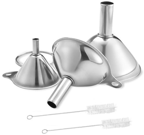 3 Stück Trichter Edelstahl Set mit Griff und 2 Langen Reinigungsbürsten,Stapelbare Mini Trichter Kleine Küchentrichte für Flüssigkeiten, Kochöle,Marmelade und Pulver,4.5cm/5.5cm/7.5cm