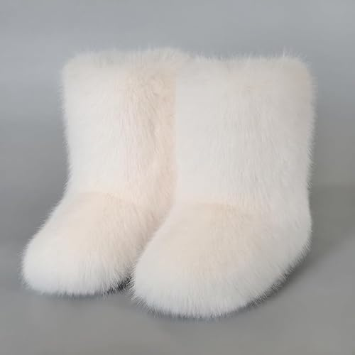 Pälsiga stövlar för kvinnor, fluffiga snöboots, konstpäls färgglada med rund tå, vattentåliga flats med gummisula för tjejer, utomhus, jul, mode, festgåvor white European-size-42