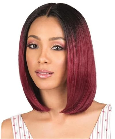 Perruque courte rouge vin de 35,5 cm (14 pouces) for femme, coupe au carré avec frange, cheveux synthétiques naturels et tendance for le cosplay et Halloween au quotidien. Effet naturel et Volumineux