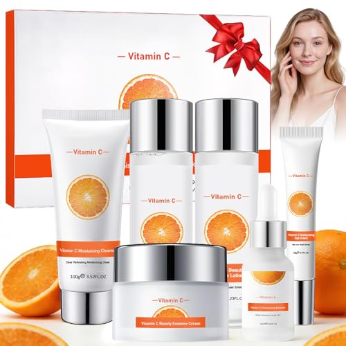 Vitamin C Skin Care Set 6 Stück,Hauttäglich Hautpflege Set ,Feuchtigkeit Hautpflege Sets,Gesichtspflege Set Damen - Hautpflege Set mit Cleanser, Toner, Serum, Eye Cream, Gesichtscreme