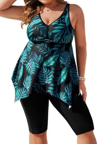Hanna Nikole Tankini - Costume da bagno da donna, taglie forti, con scollo a V, orlo irregolare, top con pantaloncini, Foglie blu lago e nero, 6 IT più