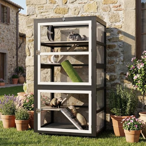 Cakhdry 5-Tiers Small Animal Critter Cage Large Ferret Cage 55''H Chinchilla Cage with Easy-Clean Removable Tray, Hamster Wheel, Tunnel, House, Ramp & Cover, Lockable Wheels, for Indoor & Outdoor