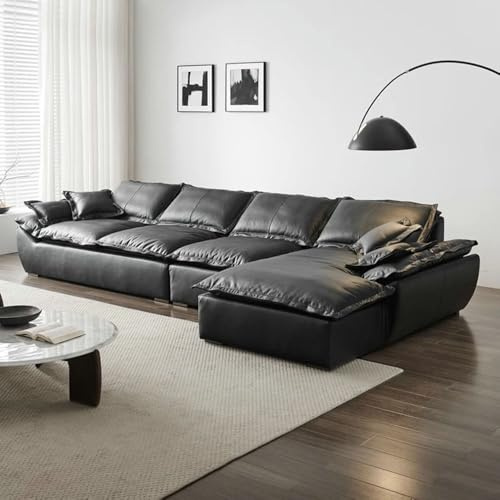 Italiensk lyxig modern minimalistisk L-formad svart lädersoffa, massiv träram, rymlig och mjuk soffa, modern stor storlek, lämplig för vardagsrum/kontor/villa.