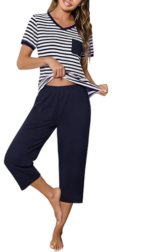 Crewhpo Pijama Mujer Verano Manga Corta Camiseta a Rayas y Pantalones Capri | Conjunto de Pijamas, Algodón, Cuello en V, Bolsillo de Pecho, Pantalón 3/4, Cintura Elástica, 2 Piezas, Ropa de Dormir