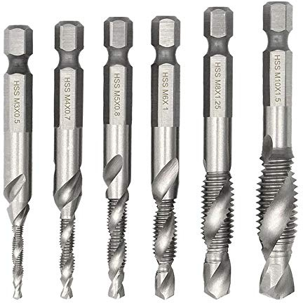 Saipor 6-teiliges Kombi-Bohrer- und Gewindebohrer-Set (M3-M10) HSS 1/4 Zoll Sechskantschaft metrischer Senker Gewindebohrer für Holz, Kunststoff, Aluminium, Kupfer
