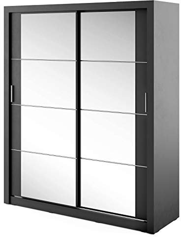 Furniture24 Schwebetürenschrank Kleiderschrank AR-03 ARTI Garderobenschrank Schrank Schiebetür Schiebeschrank mit Spiegel, 2 Kleiderstangen, 5 Einlegeboden (Schwarz Matt)