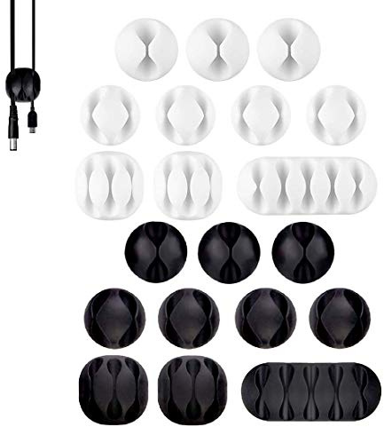 Clip para cables, sistema de gestión de cables, organizador de cables, organizador de cables de larga duración, 20 unidades para el hogar y la oficina (negro/blanco)