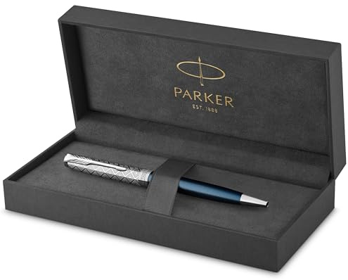 Parker Sonnet Kugelschreiber , Premium Metal & Blue Satinierung mit Chromverkleidung , Medium Spitze mit schwarzer Tinte Nachfüllen , Geschenkbox