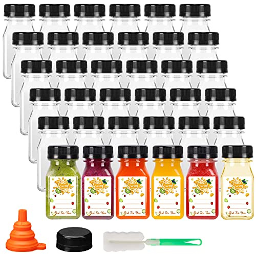 BAKHUK 36pcs 4oz Small Plastic Juice Bottles with Caps, Empty Reusable Clear Bulk Beverage Containers for Juice, Milk and Other Beverages,Suitable for Christmas Parties