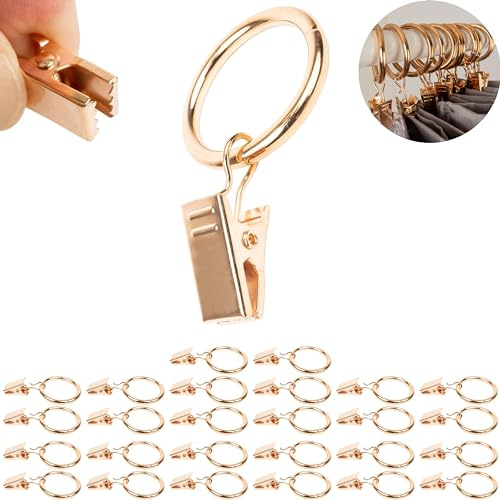 Gardinklämmor med Ringar, 30 stycken, i Guldfärger, Ø 32 mm utvändigt, Ø 25 mm invändigt, gardinringar klämkrokar, gardinklämmor dragringar, multifunktionell krokklämma, hållare för duschdraperi