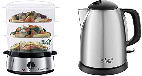 Russell Hobbs Cook@Home 19270-56 Vaporera + Adventure Hervidor de Agua Eléctrico 2400 W, 1 litro, Acero Inoxidable, Filtro Extraíble, Plata 24991-70