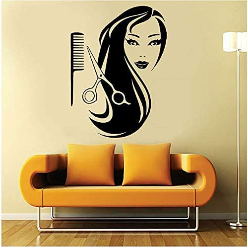 Adesivi Murali Per Parrucchieri Decorazione Bella Ragazza Forbici Per Capelli Lunghi Pettine Decalcomania Da Muro In Vinile Carta Da Parati Murale Fai Da Te 42 * 57C ​​M