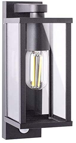 Maxkomfort Außenwandleuchte mit Bewegungsmelder E27 Schwarz IP44 Eckig | Außenwandlampe aus Aluminium & Glas, 230V, Sensor mit Zeit-& Sensititvätseinstellung, exkl. Leuchtmittel
