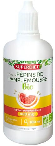 SUPERDIET- EXTRAIT DE PÉPINS DE PAMPLEMOUSSE BIO- Titré en flavonoïdes à 420 mg -Vitalité- Sans alcool - Flacon compte-goutte de 100 ml