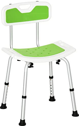 HOMCOM Shower Chair for the Elderly and Disabled, 6-Level Height Adjustable Shower Stool with Backrest, Curved Seat, Anti-slip Foot Pads and Shower Head Holder, Green