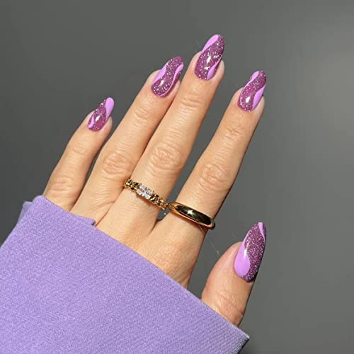 Sethexy Glitter Sparkle Almond False Nail Collection Swirl Press on Nail Abstract Fake Nails 24Pcs Acrylic Stick on Nails for Women and Girls