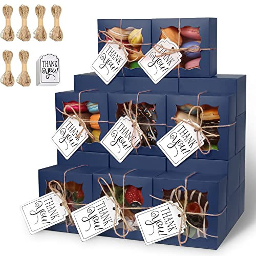 KPOSIYA 60 Stück blaue Bäckerei-Boxen mit Fenster, einzelne Cupcake-Boxen, 10,2 x 10,2 x 6,3 cm, Kraftpapier, blaue Geschenkbox für Gebäck, Kekse, Kuchen, Donuts, Macaron